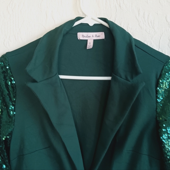 Harlow & Rose Green Blazer Sequin Sleeves Holiday Party Fun Sparkly Christmas SM - Picture 2 of 12
